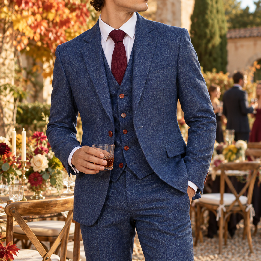 Costume homme bleu trois pièces à motif chevrons et gilet assorti
