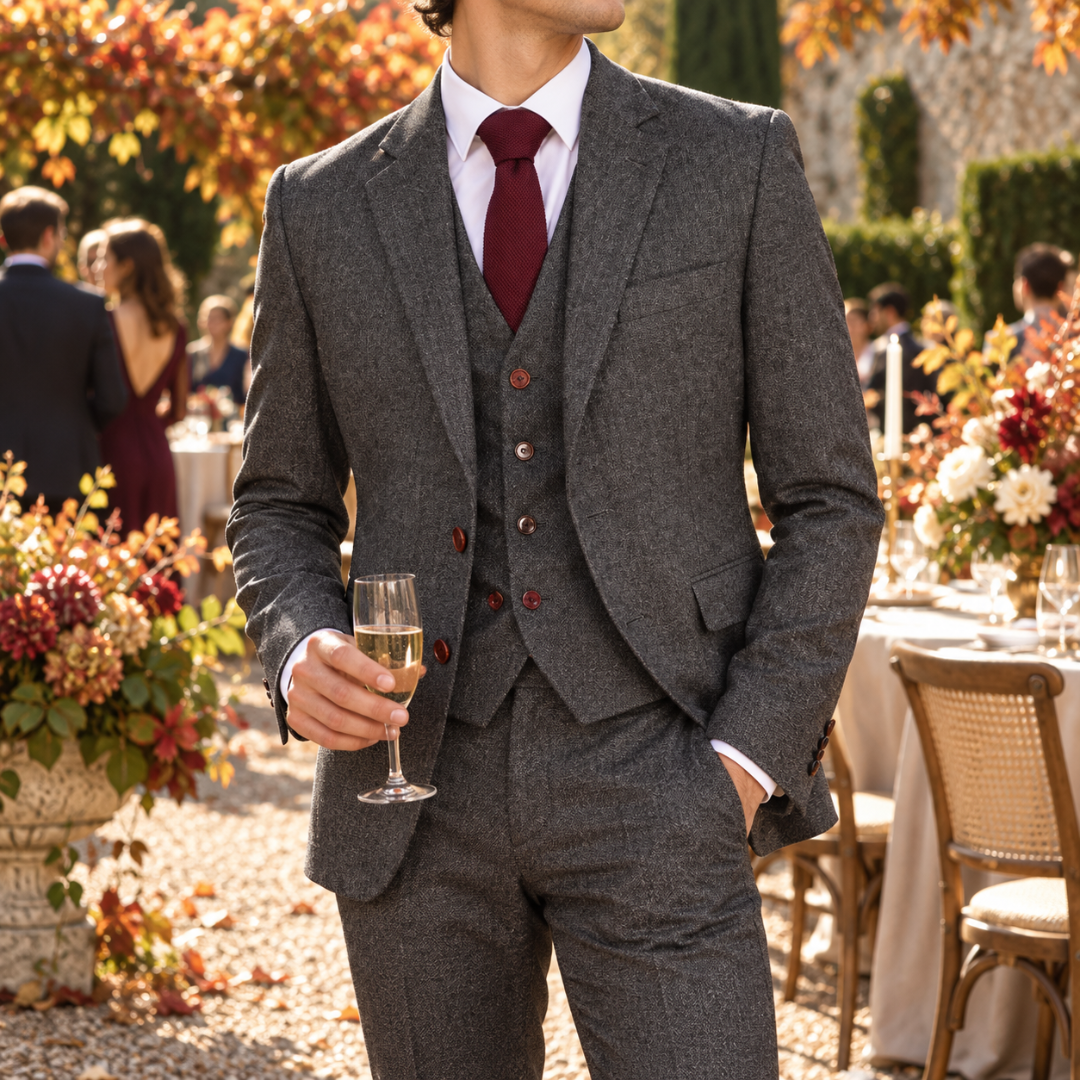 Costume homme gris trois pièces, poche poitrine passepoilée et gilet boutonné