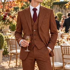 Costume homme marron trois pièces avec gilet boutonné et poches à rabat