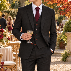 Costume homme noir trois pièces avec gilet boutonné et cravate bordeaux