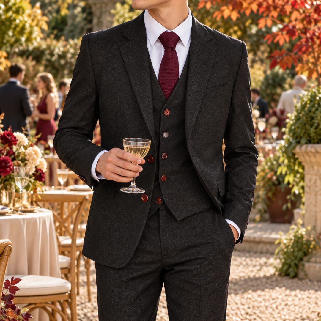 Costume homme noir trois pièces avec gilet boutonné et cravate bordeaux