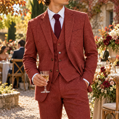Costume homme rouge trois pièces, gilet boutonné et veste à col cranté