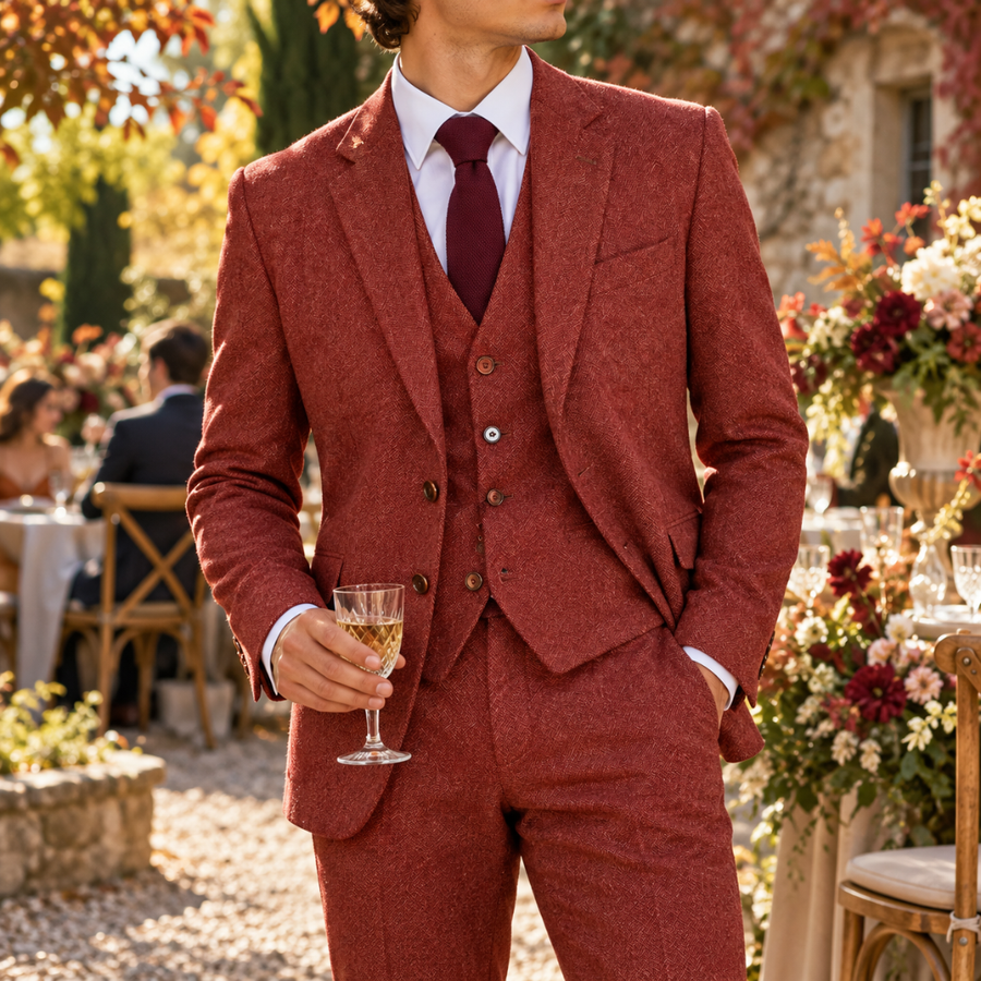 Costume homme rouge trois pièces, gilet boutonné et veste à col cranté