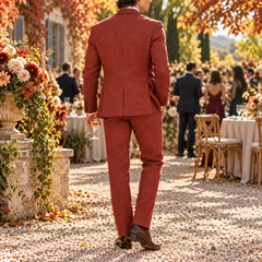 Costume homme rouge vu de dos, veste à fente et pantalon droit