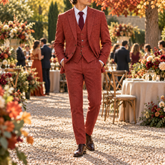 Costume homme rouge trois pièces en pied avec cravate bordeaux
