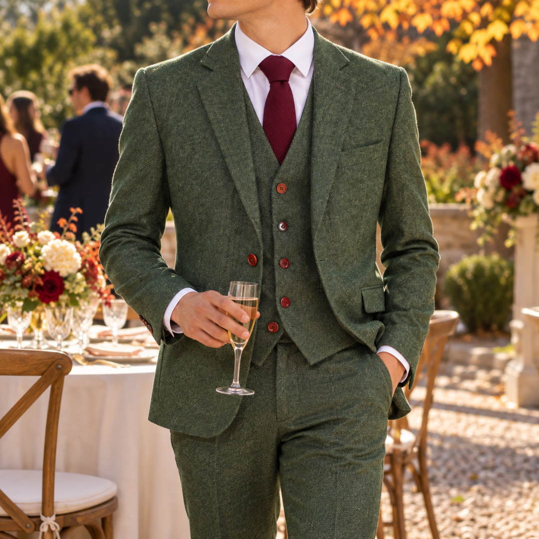Costume homme vert trois pièces, gilet à boutons contrastants et col cranté