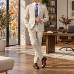 Costume homme beige avec veste à col cranté et poche poitrine passepoilée