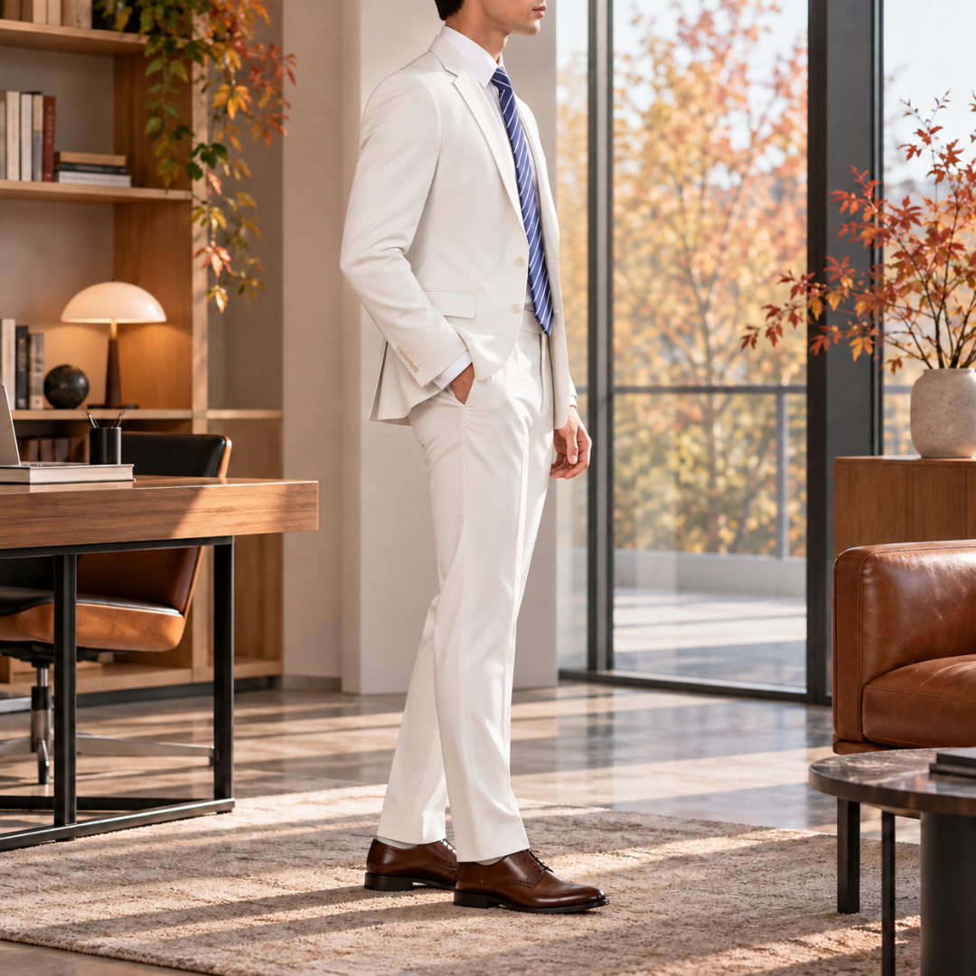 Costume homme blanc de profil, veste fermée par deux boutons et poches à rabat