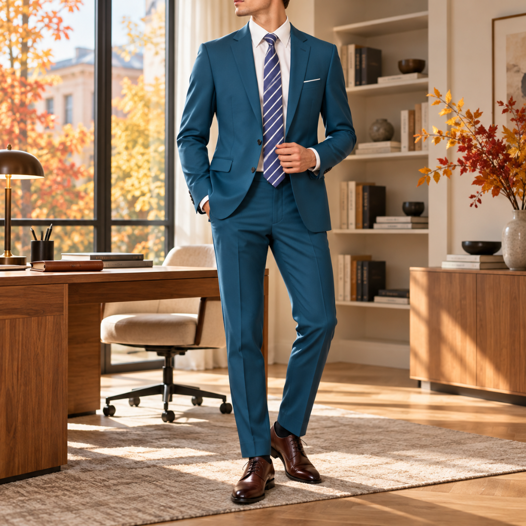 Costume homme bleu canard, veste à poches à rabat et chemise blanche