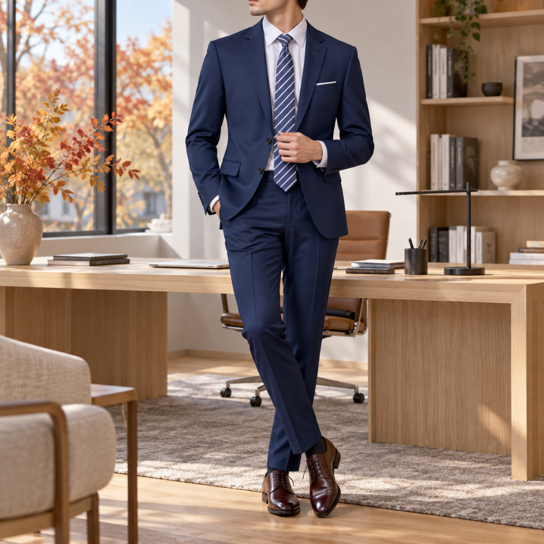 Costume homme bleu marine, veste à col cranté portée avec cravate rayée