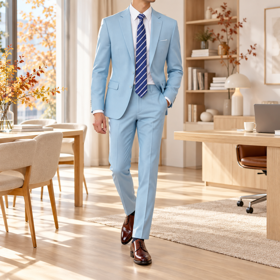 Costume homme bleu clair, veste deux boutons et pantalon droit, chemise blanche