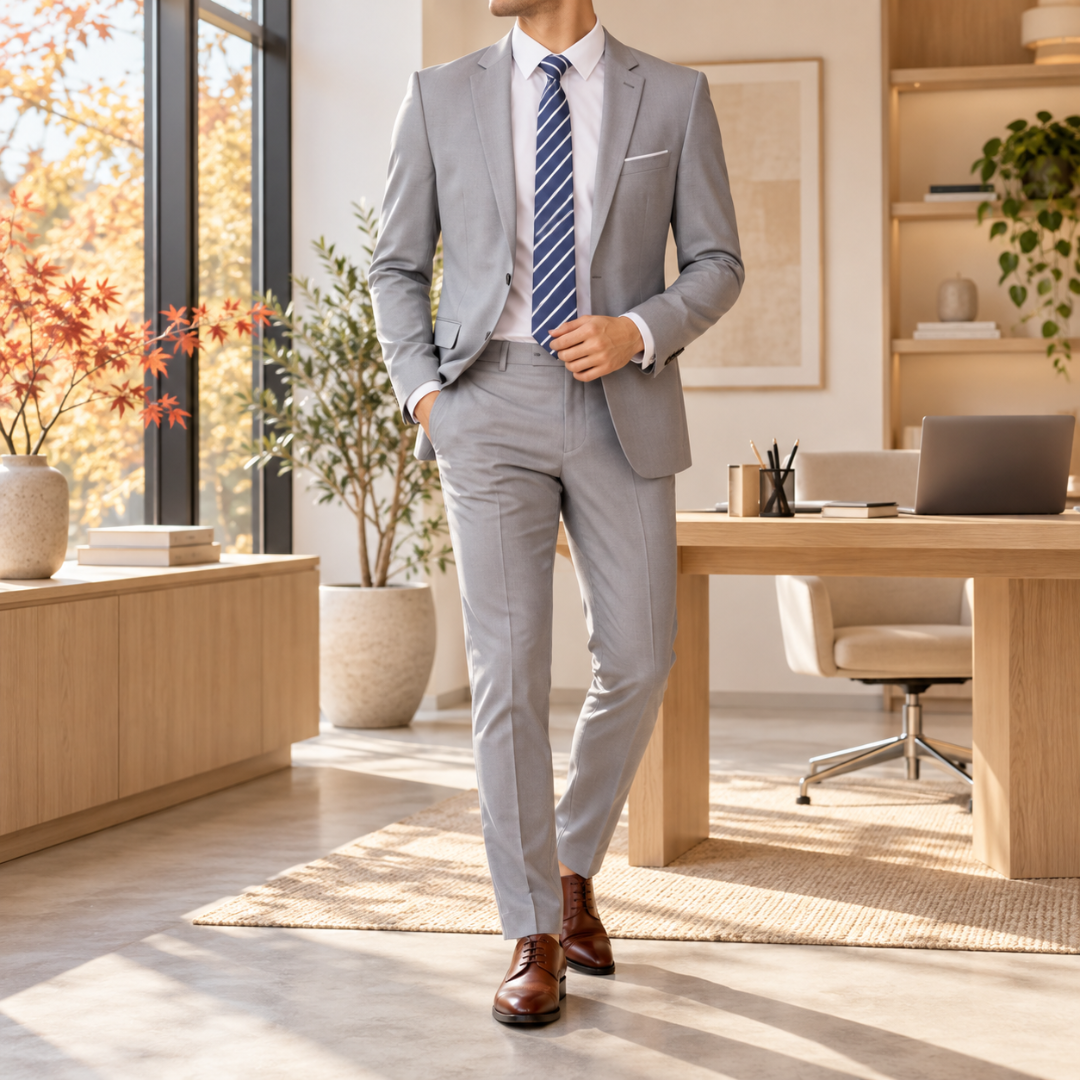 Costume homme gris clair, veste à col cranté portée avec une cravate rayée