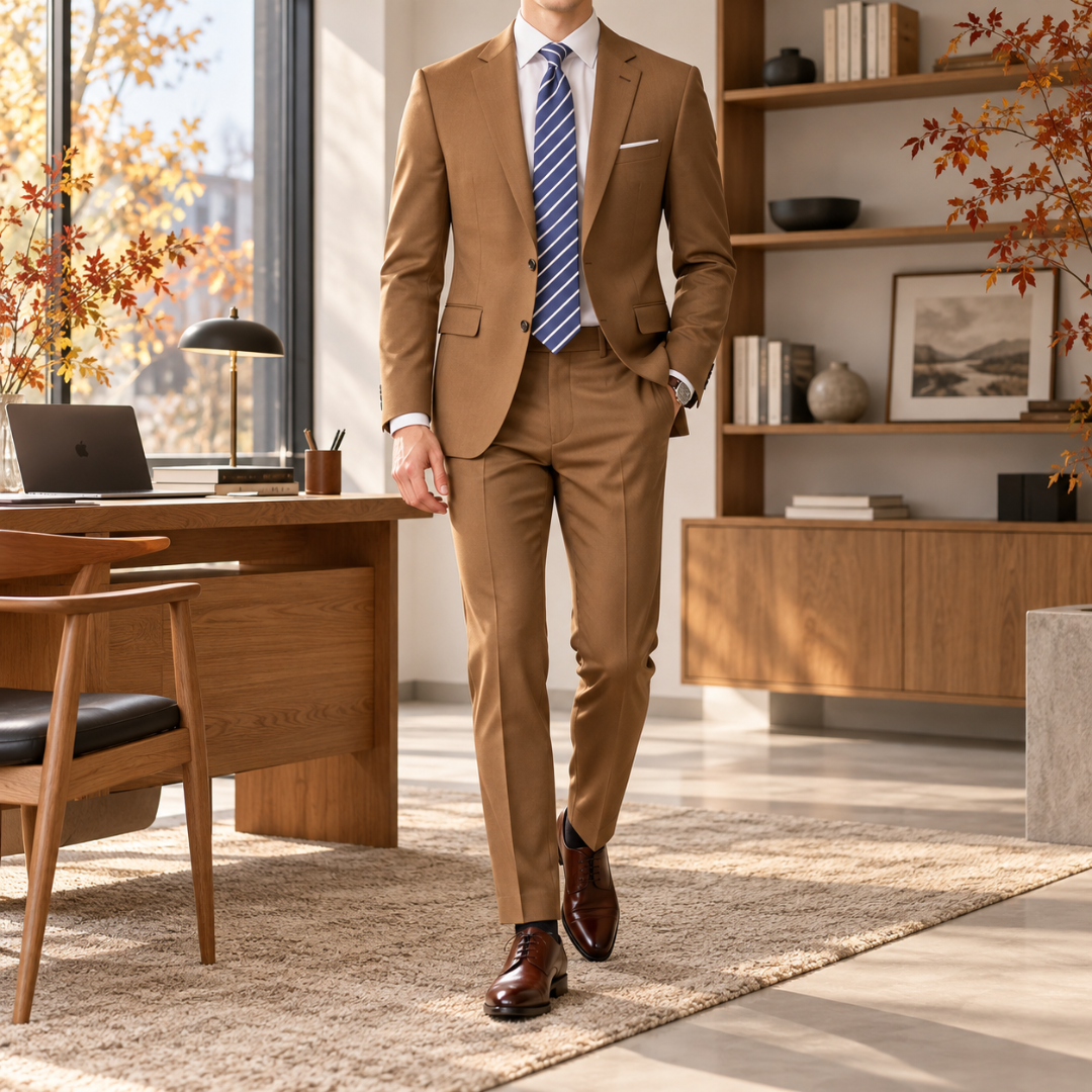 Costume homme marron, veste à col cranté et pochette blanche à la poitrine