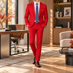 Costume homme rouge vif, veste à poches à rabat et pantalon droit à plis