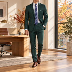 Costume homme vert foncé, veste à col cranté et pochette blanche