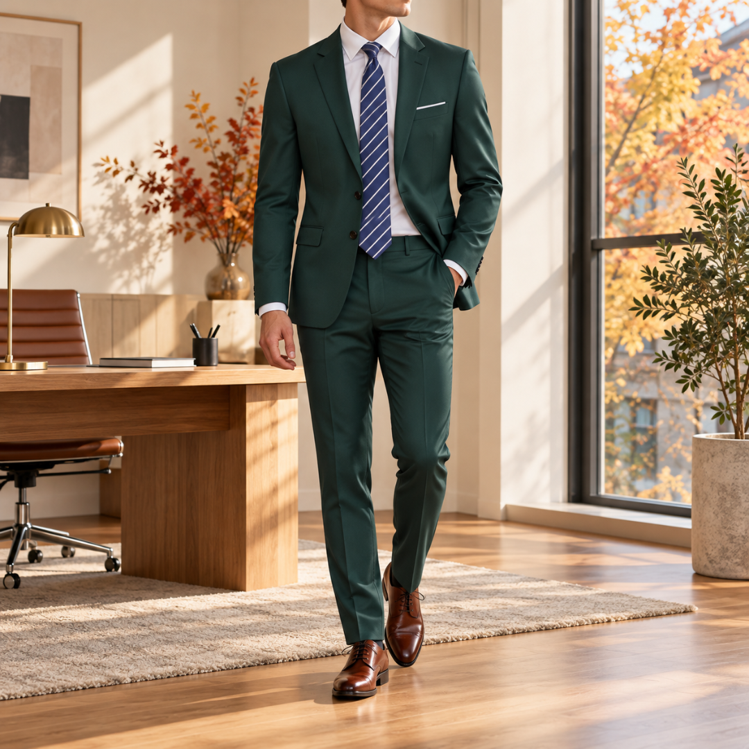 Costume homme vert foncé, veste à col cranté et pochette blanche