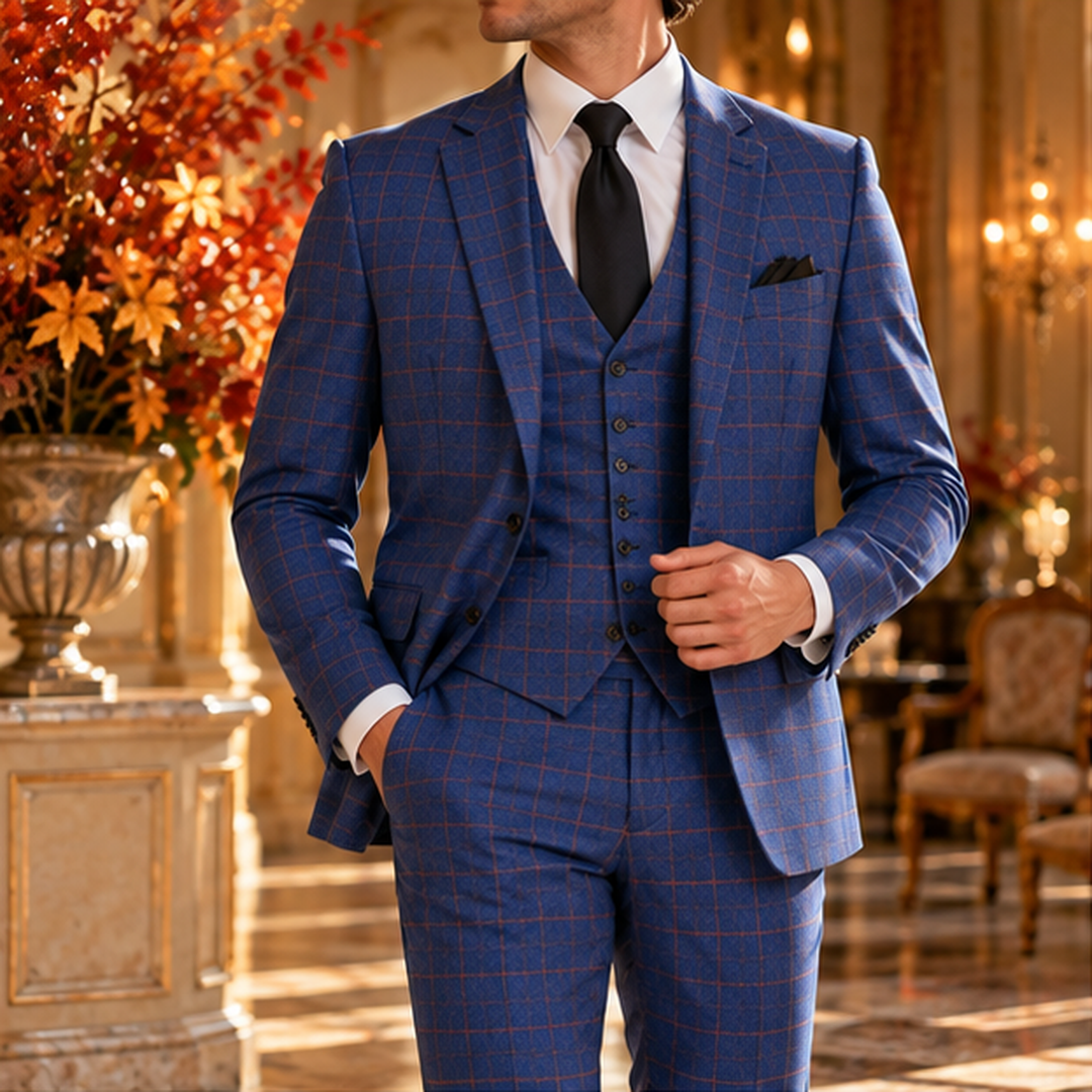 Costume homme bleu à carreaux, veste ouverte sur gilet boutonné et cravate noire