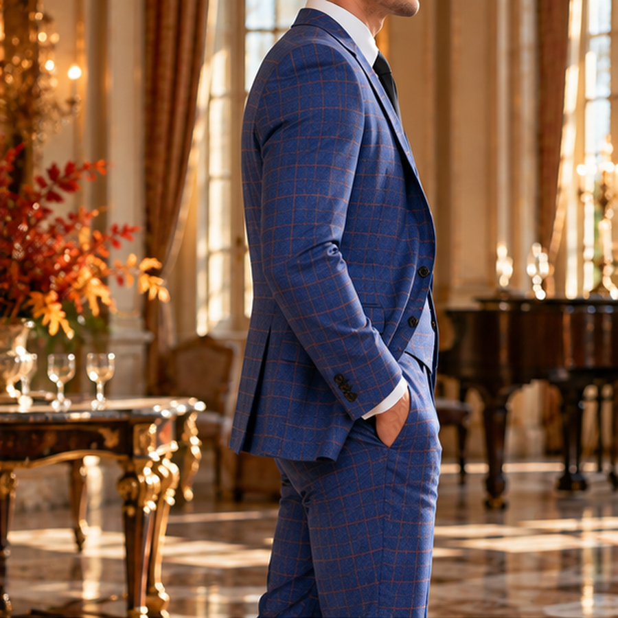 Vue de profil du costume homme bleu à carreaux, veste à deux boutons et pantalon droit