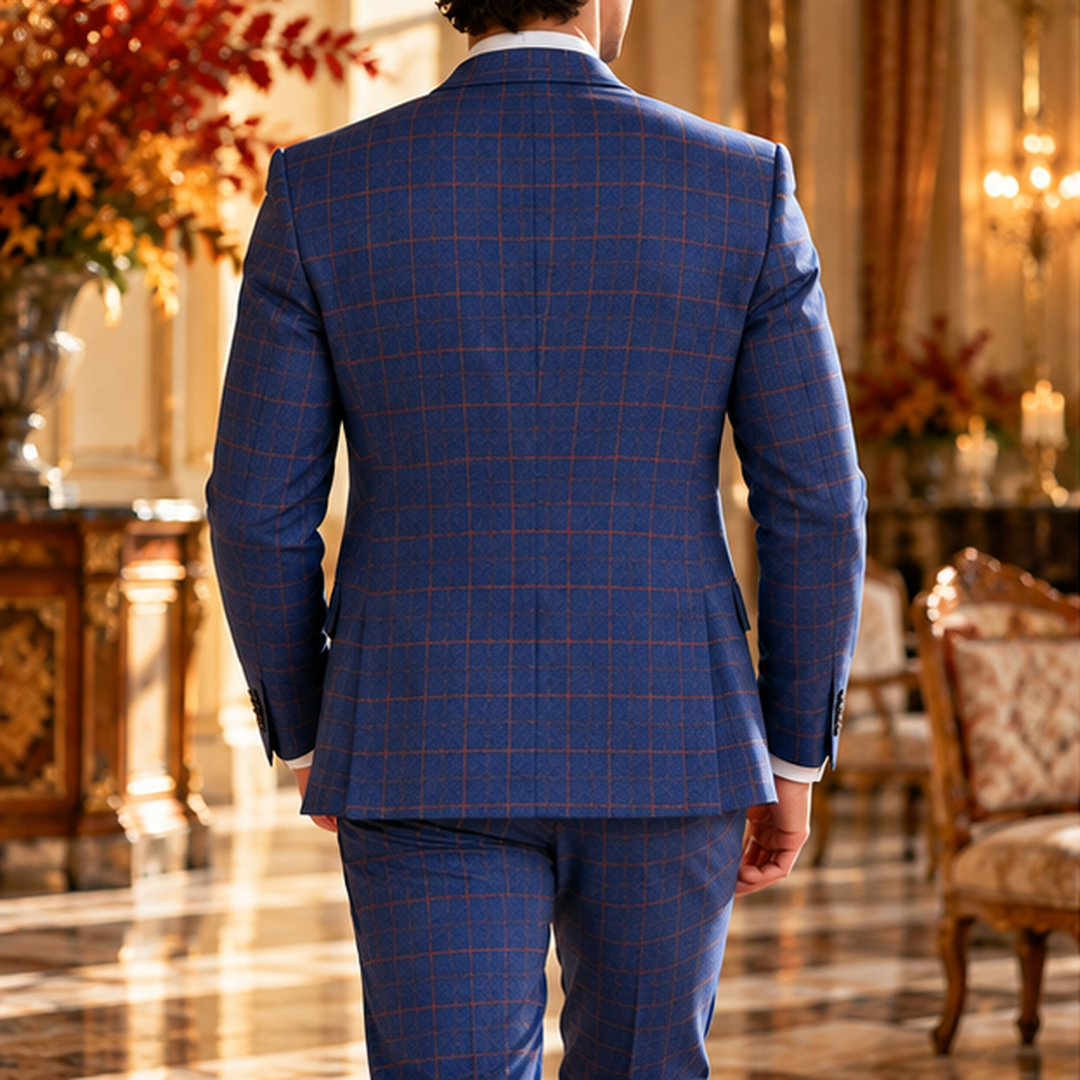 Dos de la veste de costume homme bleu à carreaux avec fentes et épaules structurées