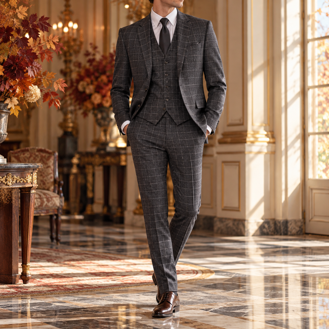 Costume homme gris à carreaux fenêtre, veste à col cranté et gilet assorti