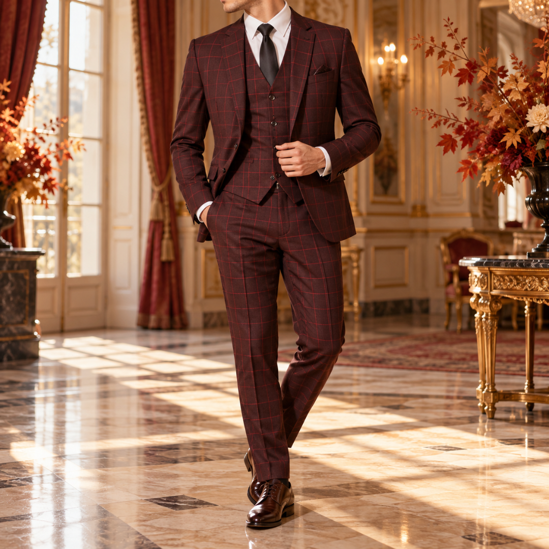 Costume homme rouge foncé à carreaux en pied, gilet boutonné et pantalon droit