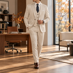 Costume homme abricot trois pièces avec gilet boutonné et cravate à pois