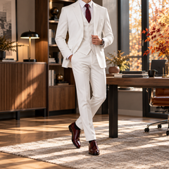 Costume homme trois pièces blanc avec gilet boutonné et cravate bordeaux