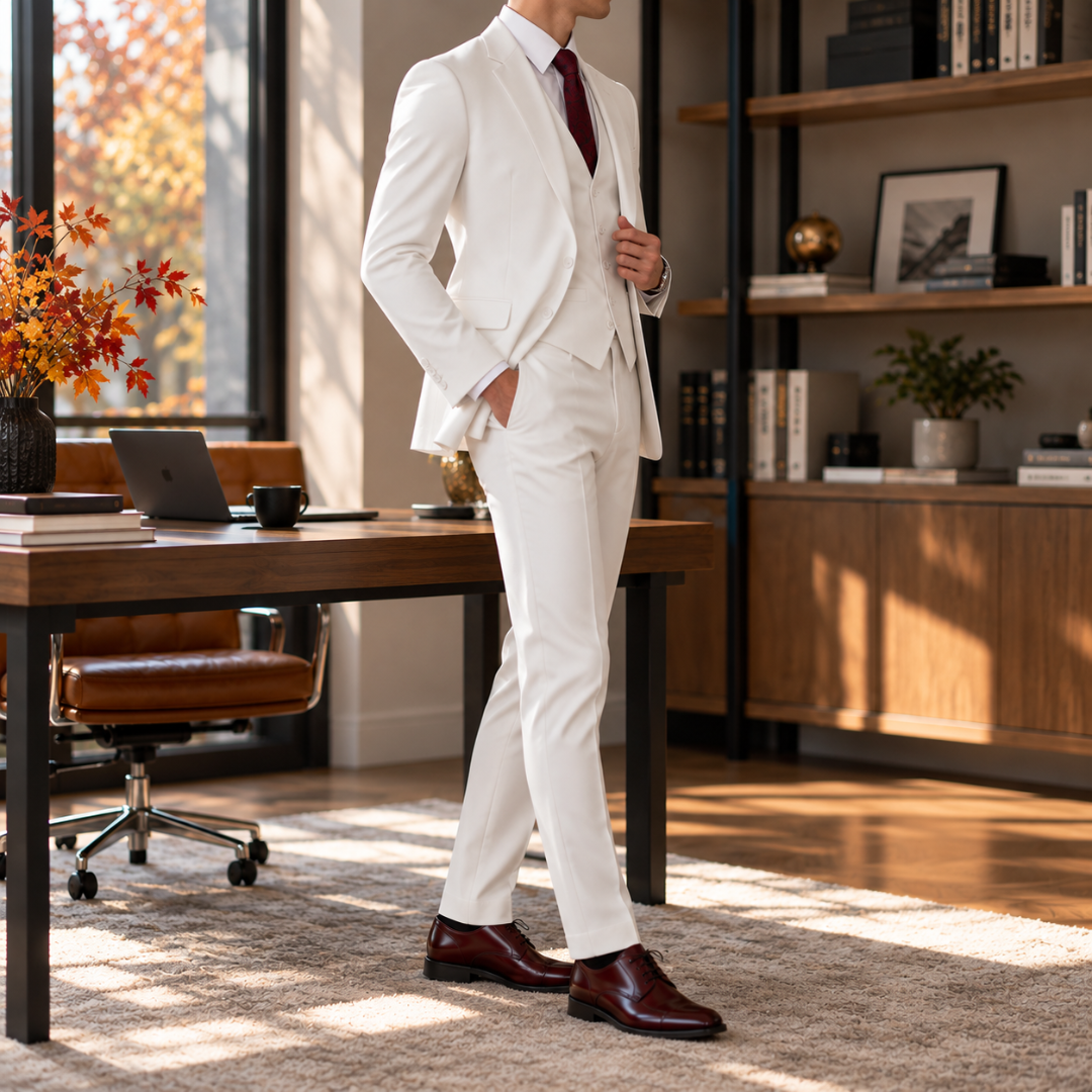 Costume blanc homme de profil, veste à col cranté et pantalon droit