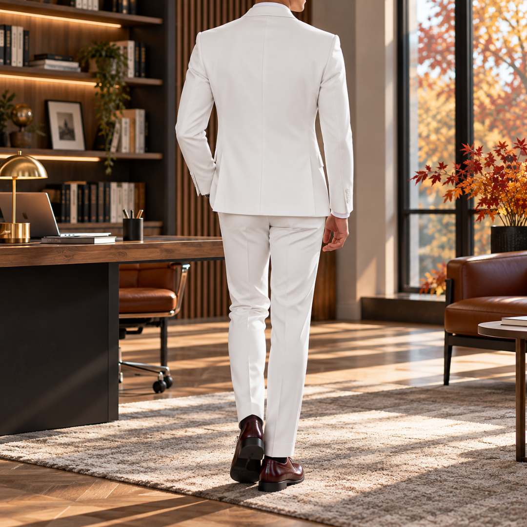 Vue de dos du costume homme blanc, veste à fente et pantalon droit