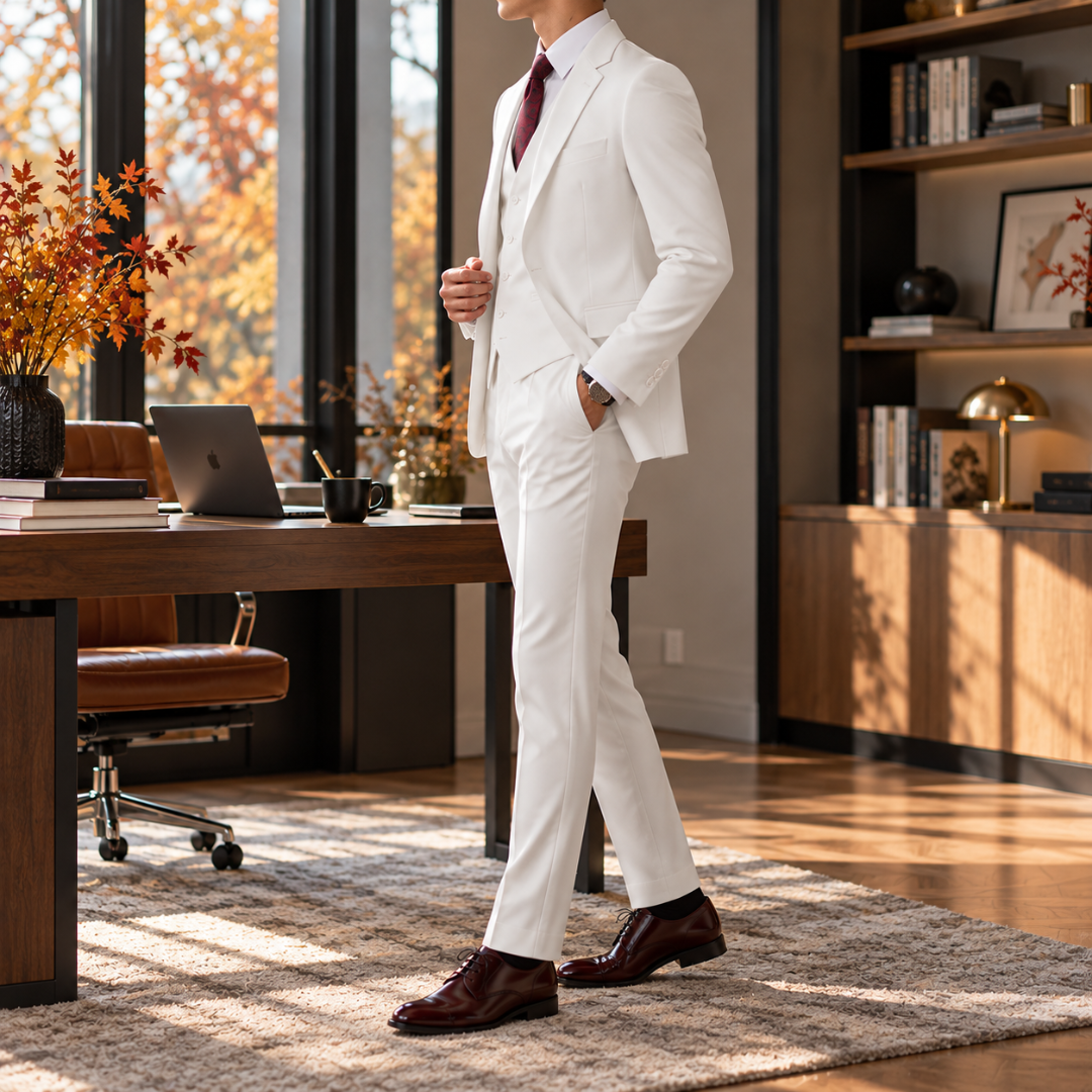 Costume homme blanc trois pièces vu de côté avec gilet et chemise blanche