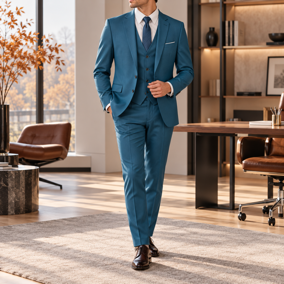 Costume homme bleu canard avec gilet assorti et pantalon droit à pli