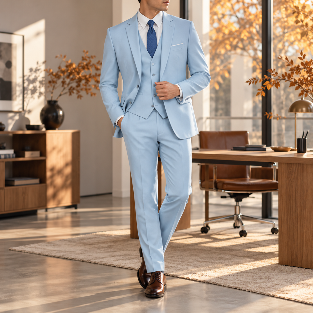 Costume homme bleu clair avec gilet assorti et pochette blanche