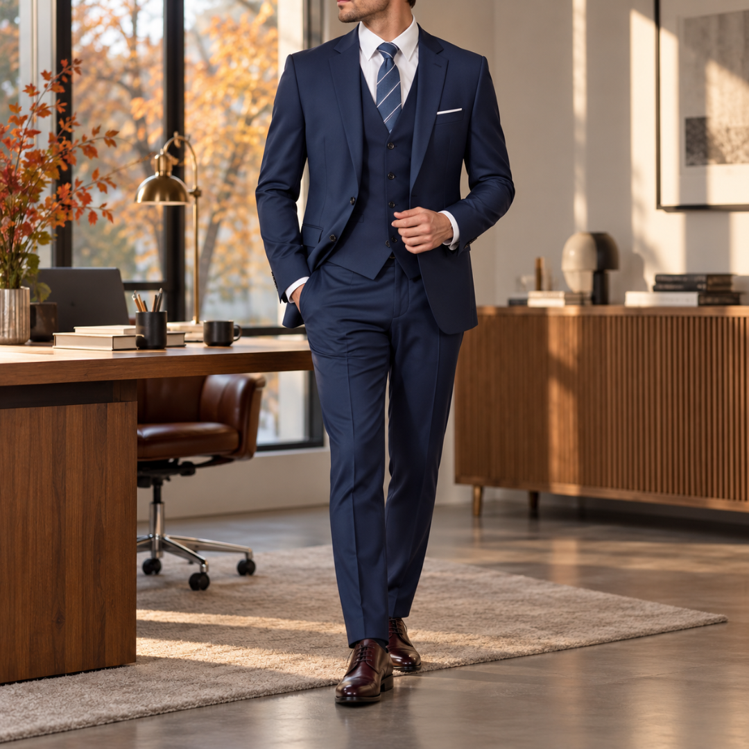 Costume homme bleu marine avec gilet assorti et poche poitrine passepoilée
