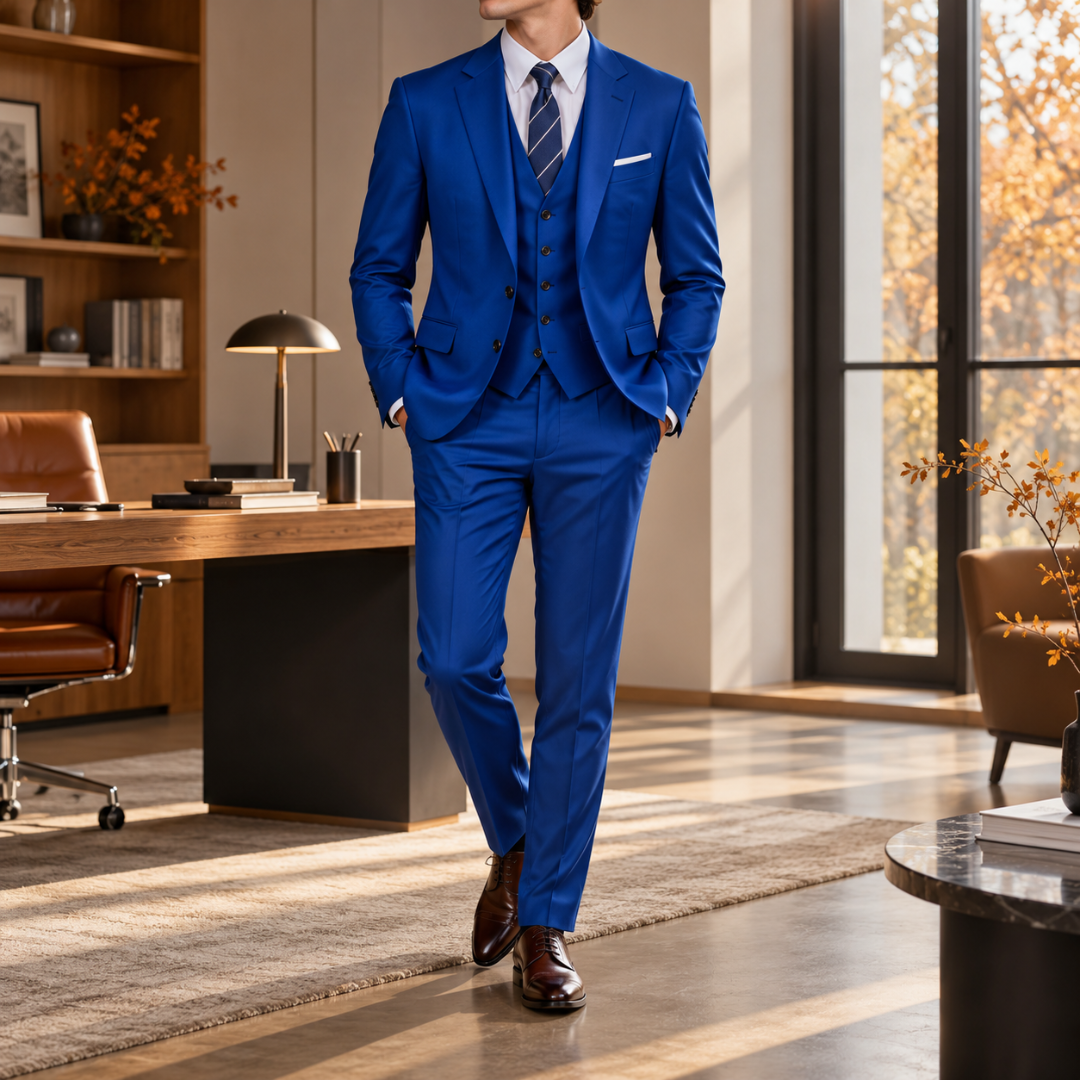 Costume homme bleu vif trois pièces avec gilet boutonné et poches à rabat