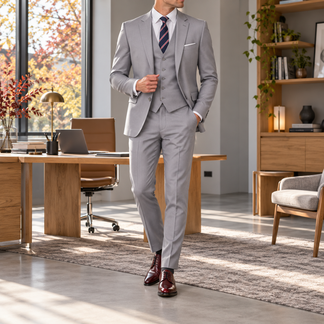Costume homme gris clair trois pièces avec cravate rayée et gilet boutonné