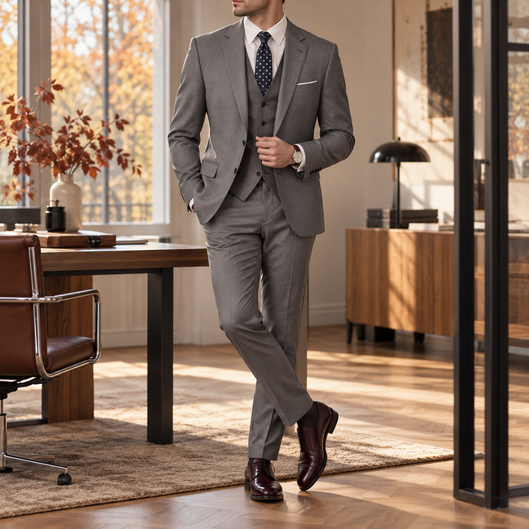 Costume homme gris foncé avec gilet assorti et cravate à pois