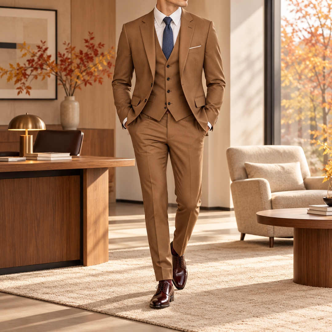 Costume homme marron avec gilet assorti et cravate bleue, pantalon droit