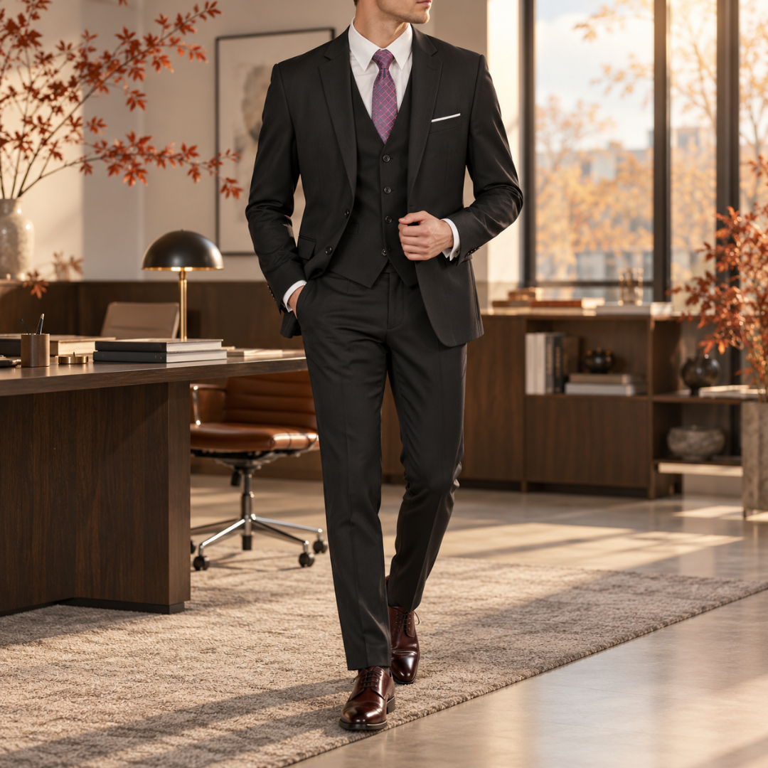 Costume homme noir trois pièces avec gilet boutonné et chemise blanche