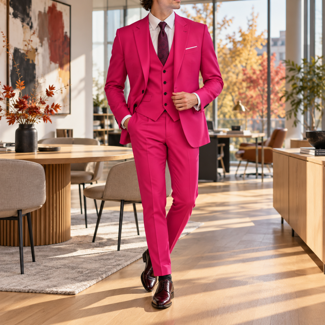 Costume homme rose vif avec gilet assorti et veste à deux boutons