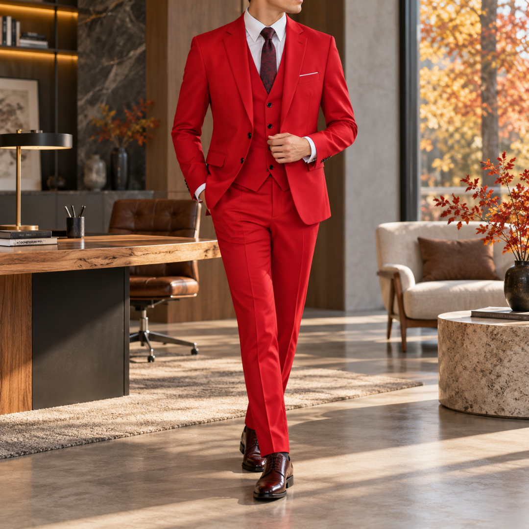 Costume homme rouge trois pièces avec gilet boutonné et pochette blanche