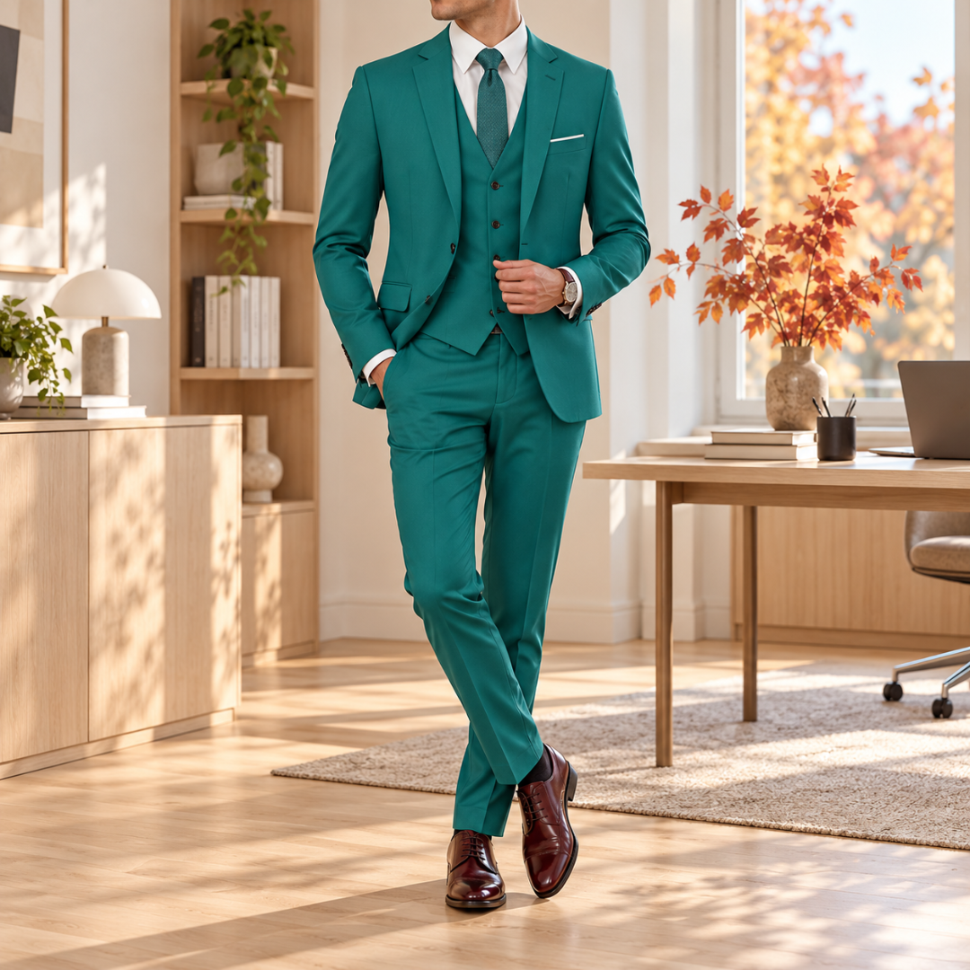 Costume homme vert trois pièces avec gilet boutonné et veste à col cranté