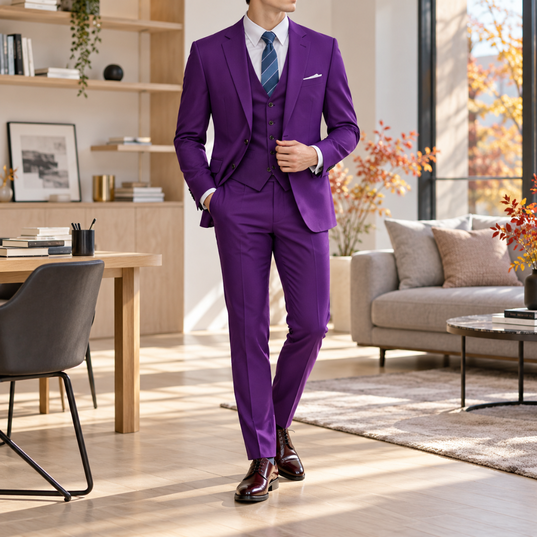 Costume homme violet avec gilet assorti, cravate rayée et pantalon droit