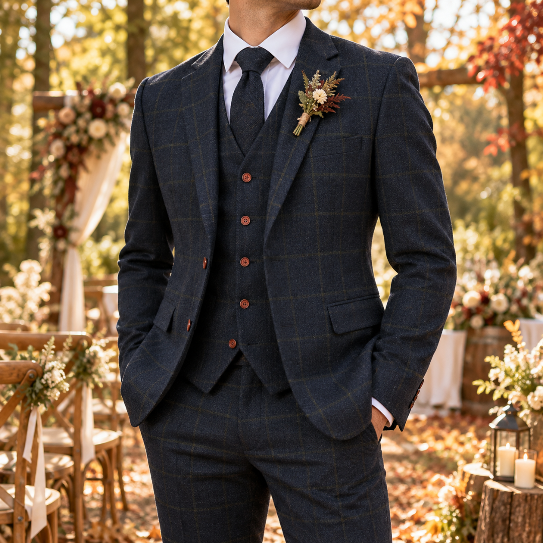 Costume homme bleu marine à carreaux avec gilet boutonné et col cranté