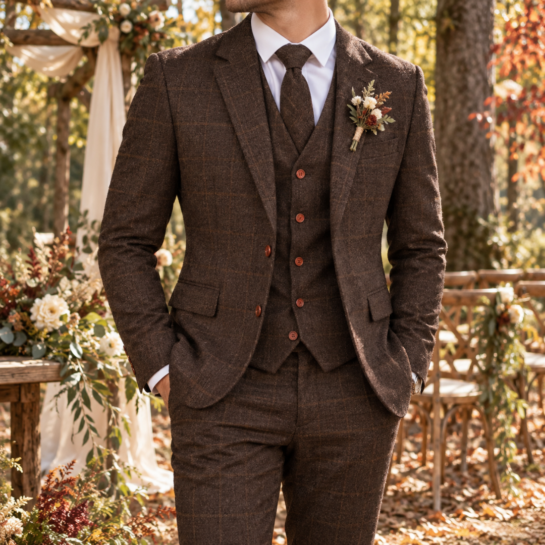 Costume homme café à carreaux, veste à col cranté et gilet cinq boutons