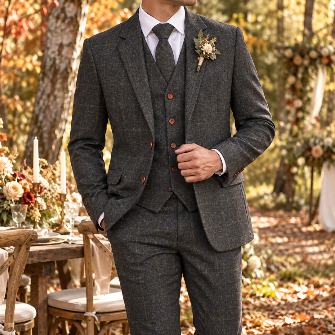Costume homme gris foncé à carreaux, gilet assorti et poches à rabat