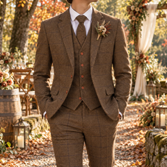 Costume homme trois pièces marron à carreaux avec gilet boutonné et cravate