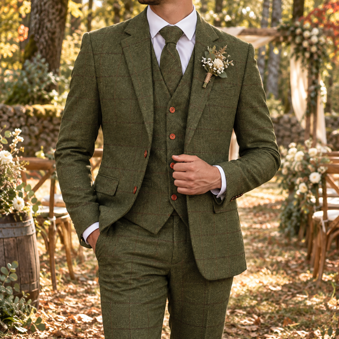 Costume homme trois pièces vert à carreaux, gilet boutonné et col cranté