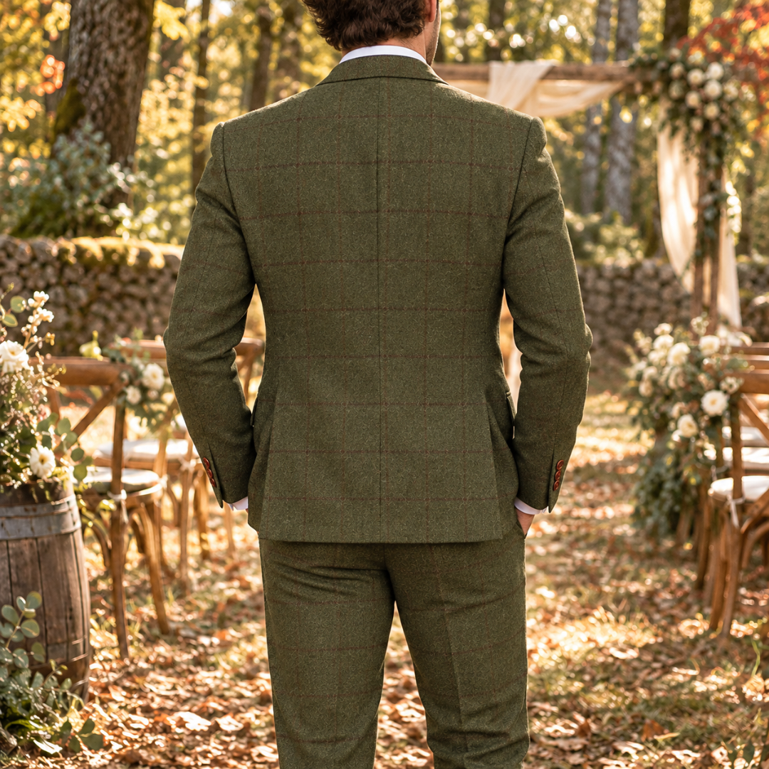 Dos du costume homme vert à carreaux avec veste cintrée et pantalon assorti