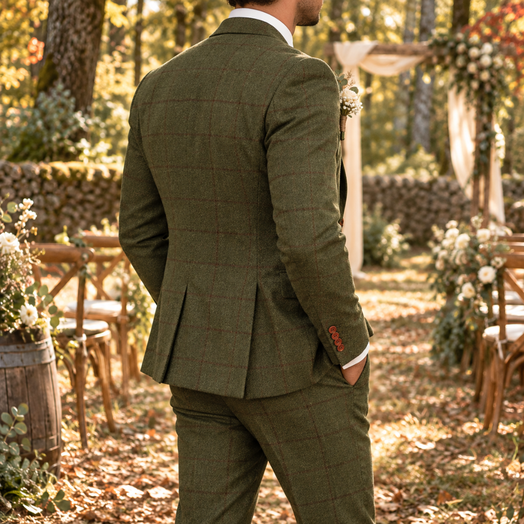 Vue arrière du costume vert, fente au dos et boutons de manche contrastants