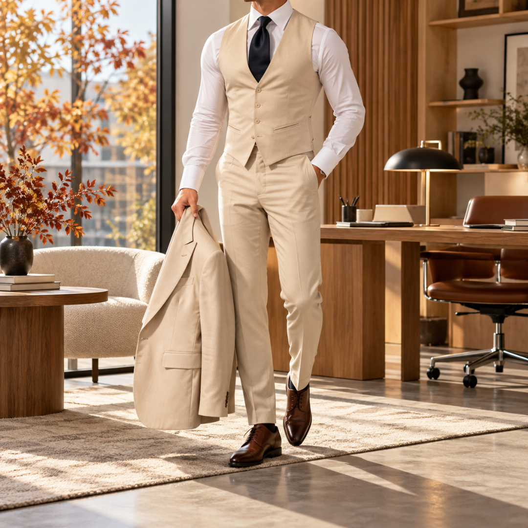 Gilet et pantalon abricot portés avec veste assortie tenue à la main